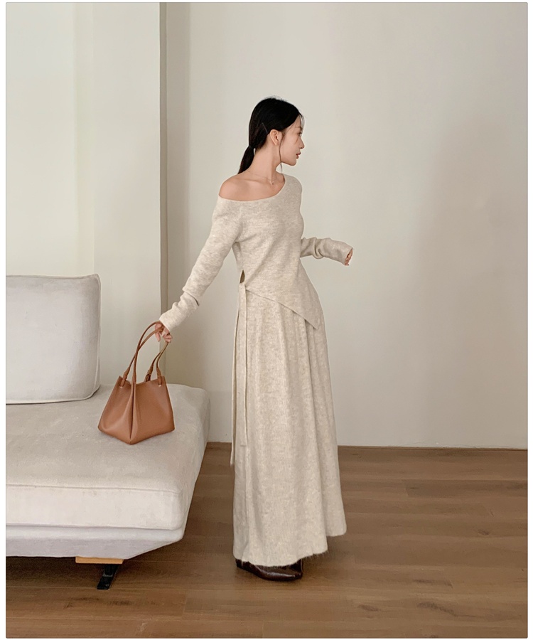 Knitted flat shoulder tops bandage long skirt 2pcs set
