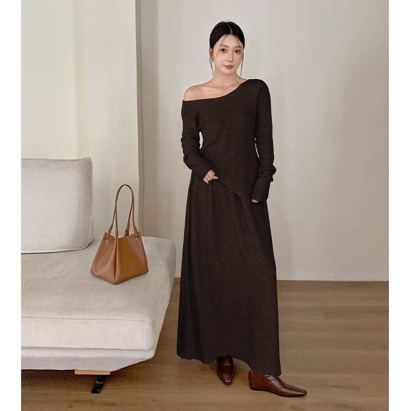 Knitted flat shoulder tops bandage long skirt 2pcs set