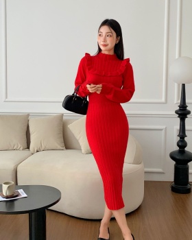 Temperament autumn and winter long sleeve retro slim red dress
