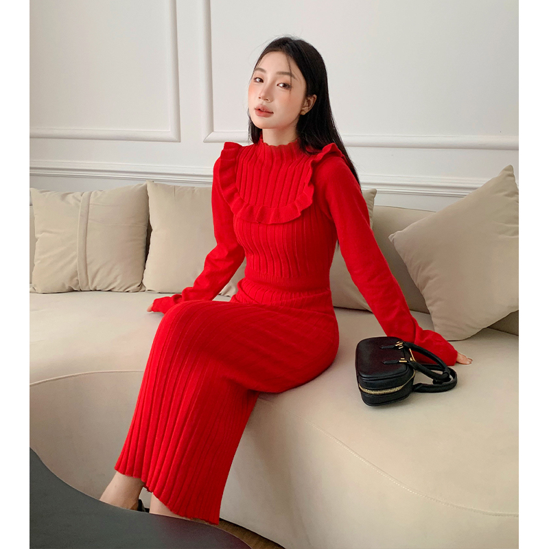 Temperament autumn and winter long sleeve retro slim red dress