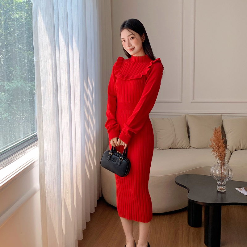 Temperament autumn and winter long sleeve retro slim red dress