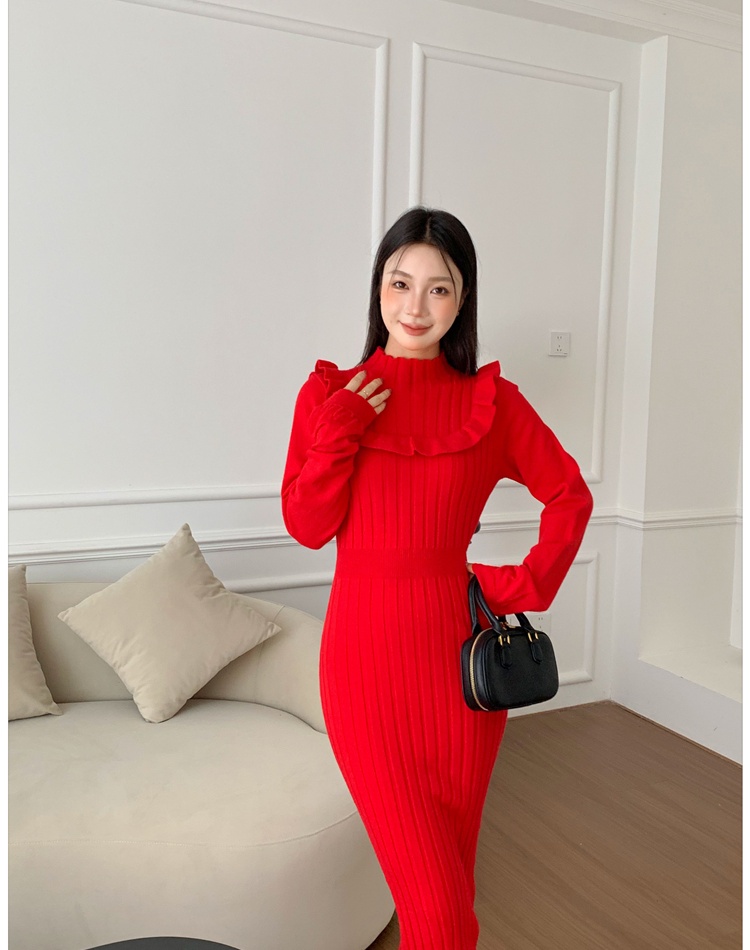 Temperament autumn and winter long sleeve retro slim red dress