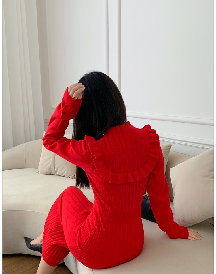 Temperament autumn and winter long sleeve retro slim red dress