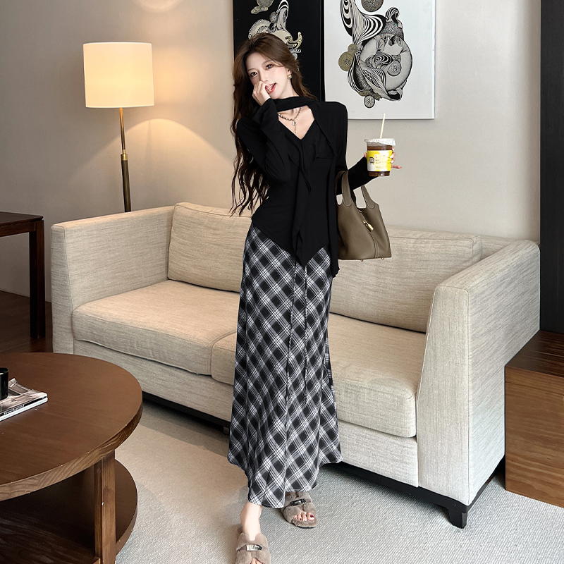 Autumn and winter streamer T-shirt V-neck long skirt 2pcs set