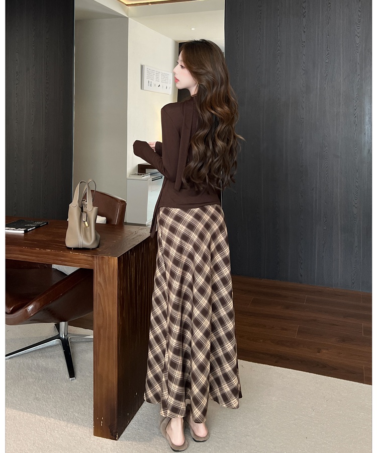 Autumn and winter streamer T-shirt V-neck long skirt 2pcs set