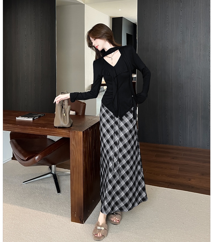 Autumn and winter streamer T-shirt V-neck long skirt 2pcs set