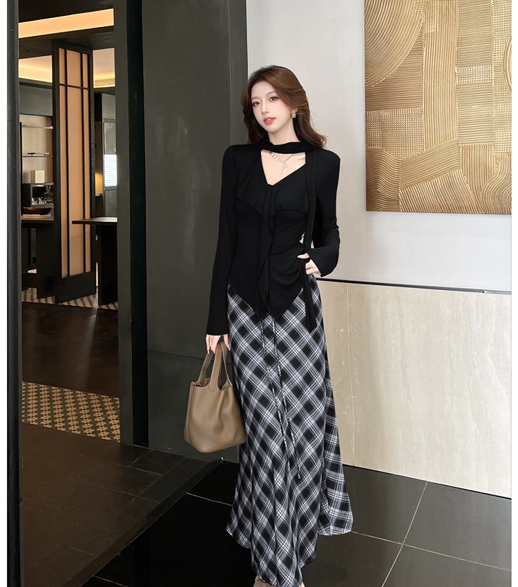 Autumn and winter streamer T-shirt V-neck long skirt 2pcs set