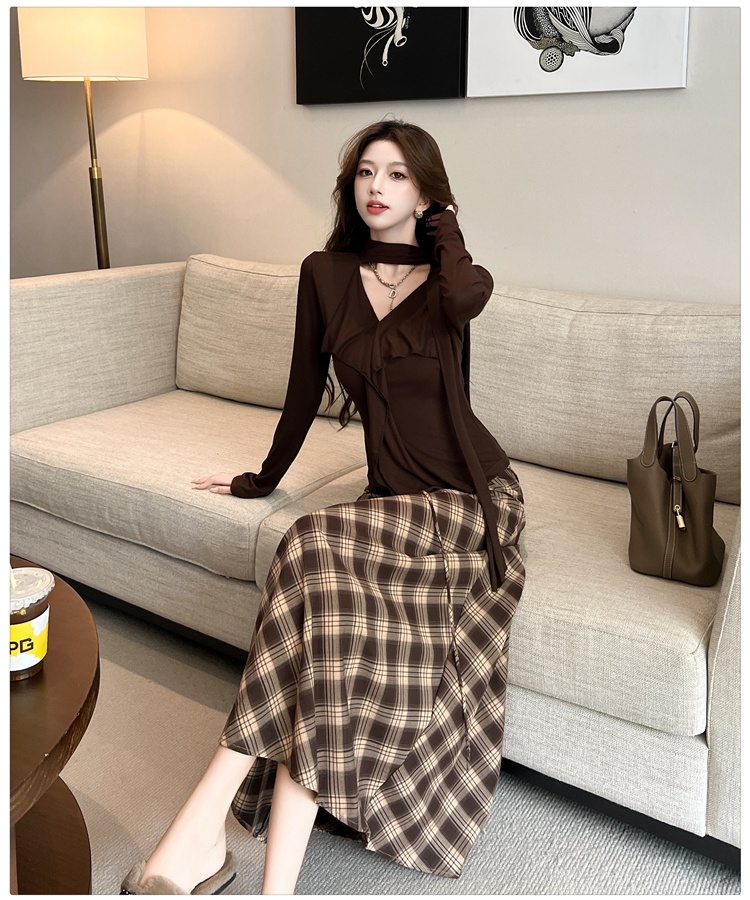 Autumn and winter streamer T-shirt V-neck long skirt 2pcs set