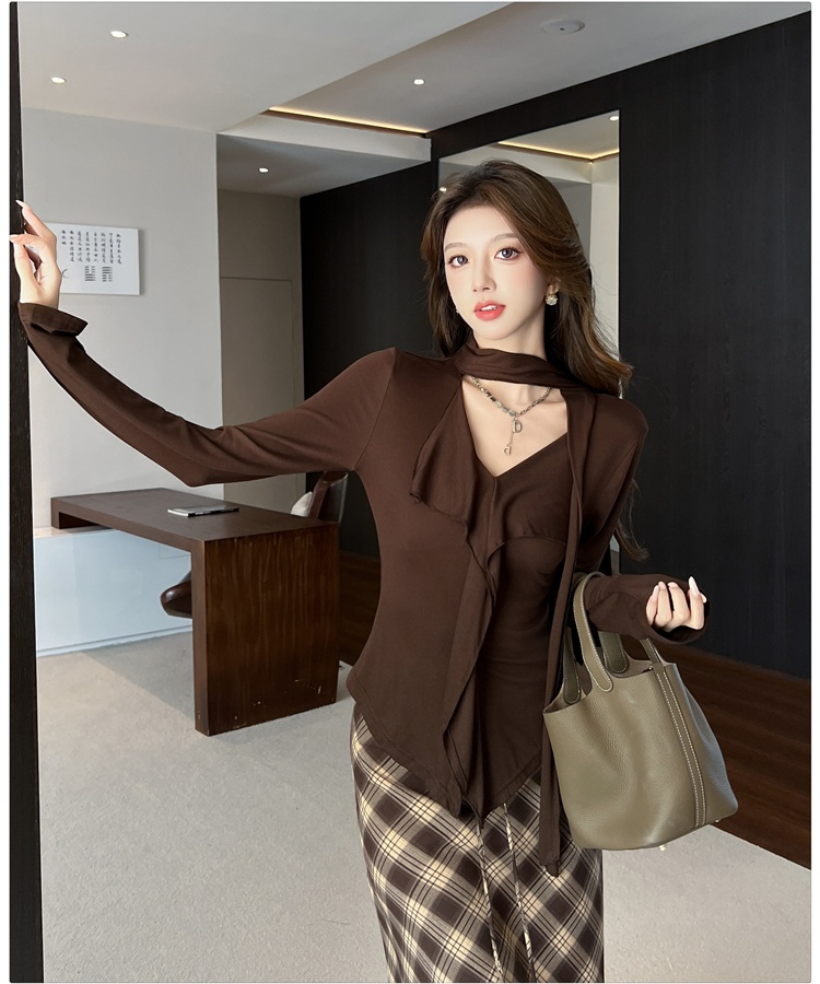 Autumn and winter streamer T-shirt V-neck long skirt 2pcs set