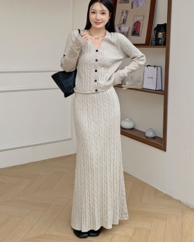 Loose knitted cardigan twist long skirt 2pcs set