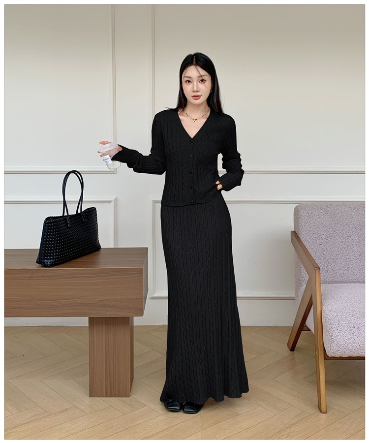 Loose knitted cardigan twist long skirt 2pcs set