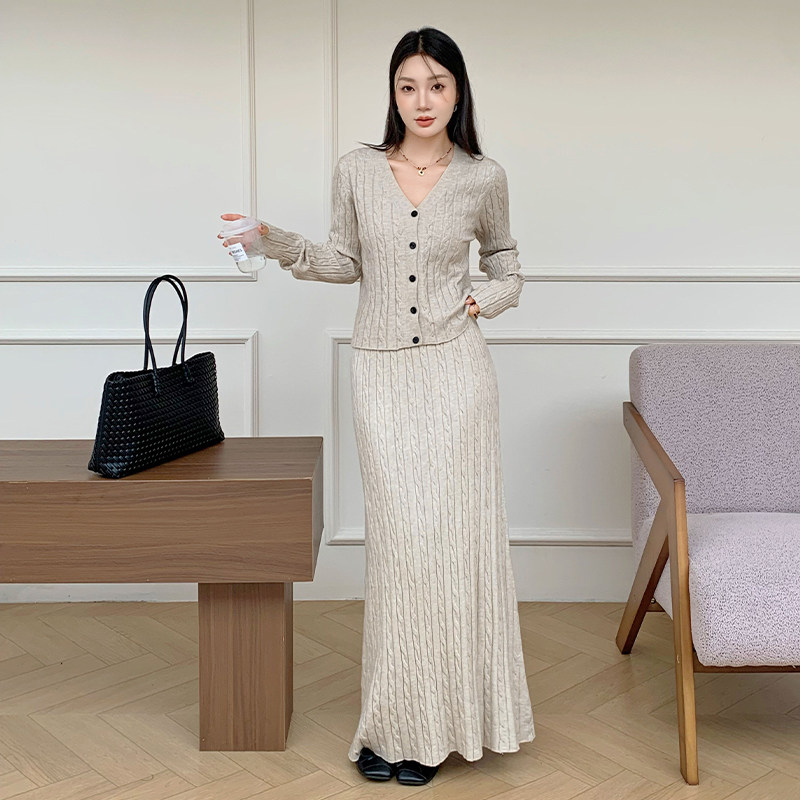 Loose knitted cardigan twist long skirt 2pcs set