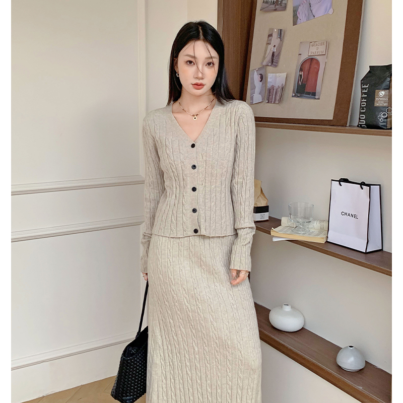 Loose knitted cardigan twist long skirt 2pcs set