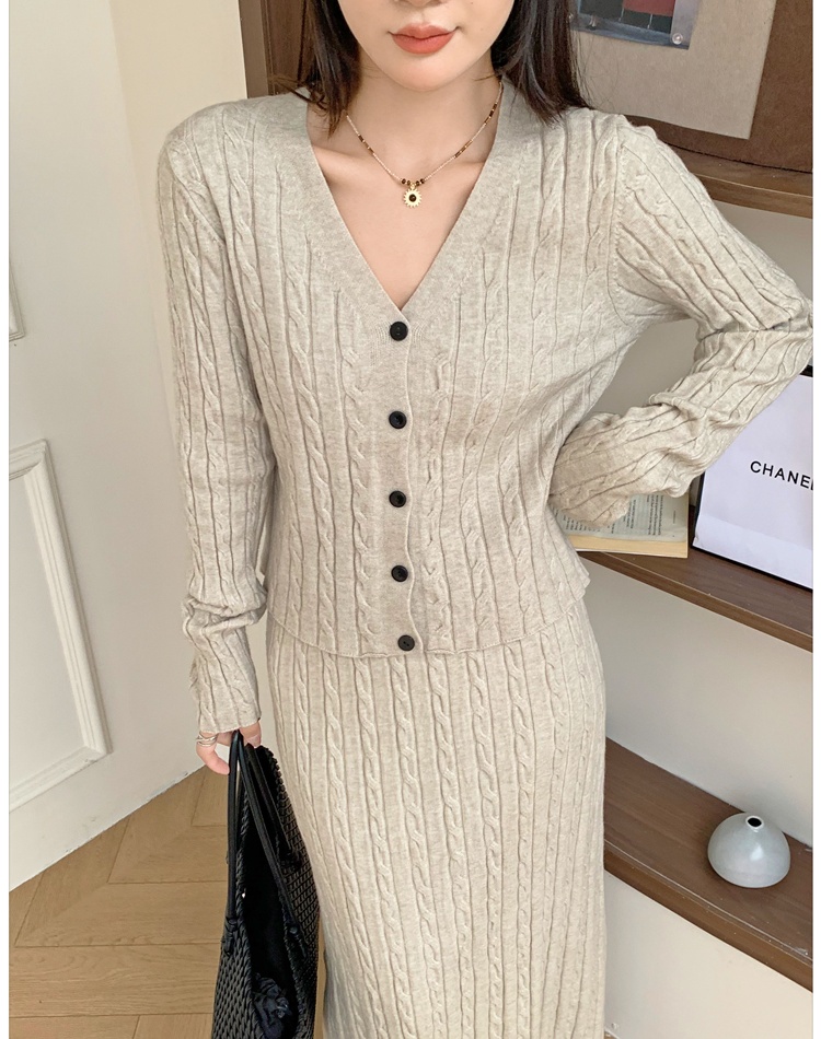 Loose knitted cardigan twist long skirt 2pcs set