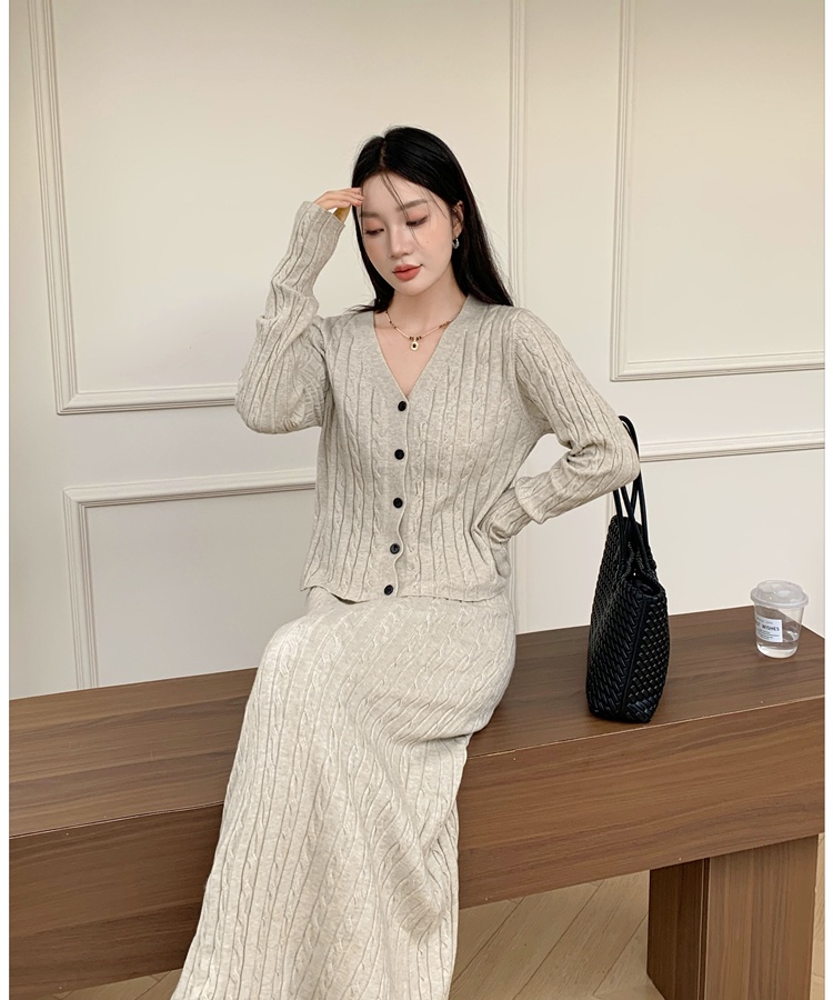 Loose knitted cardigan twist long skirt 2pcs set