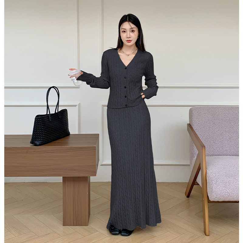Loose knitted cardigan twist long skirt 2pcs set