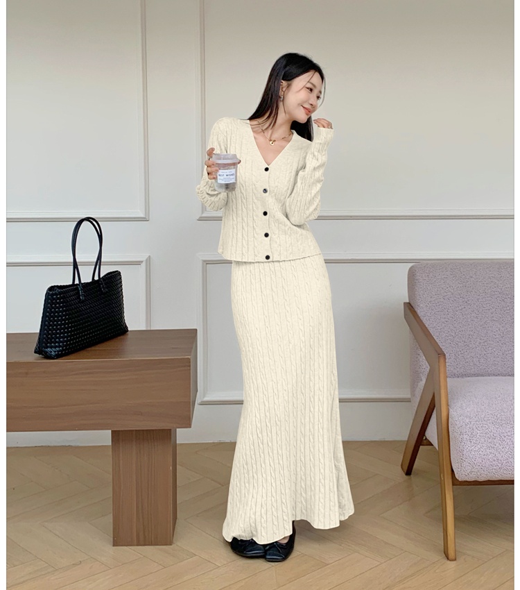 Loose knitted cardigan twist long skirt 2pcs set