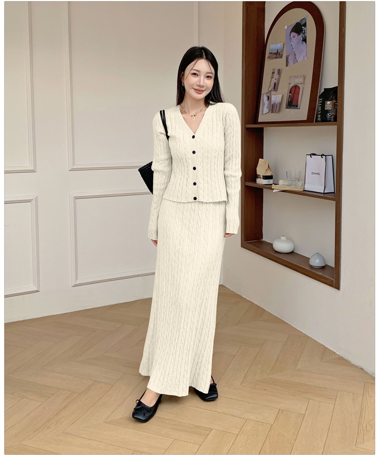 Loose knitted cardigan twist long skirt 2pcs set
