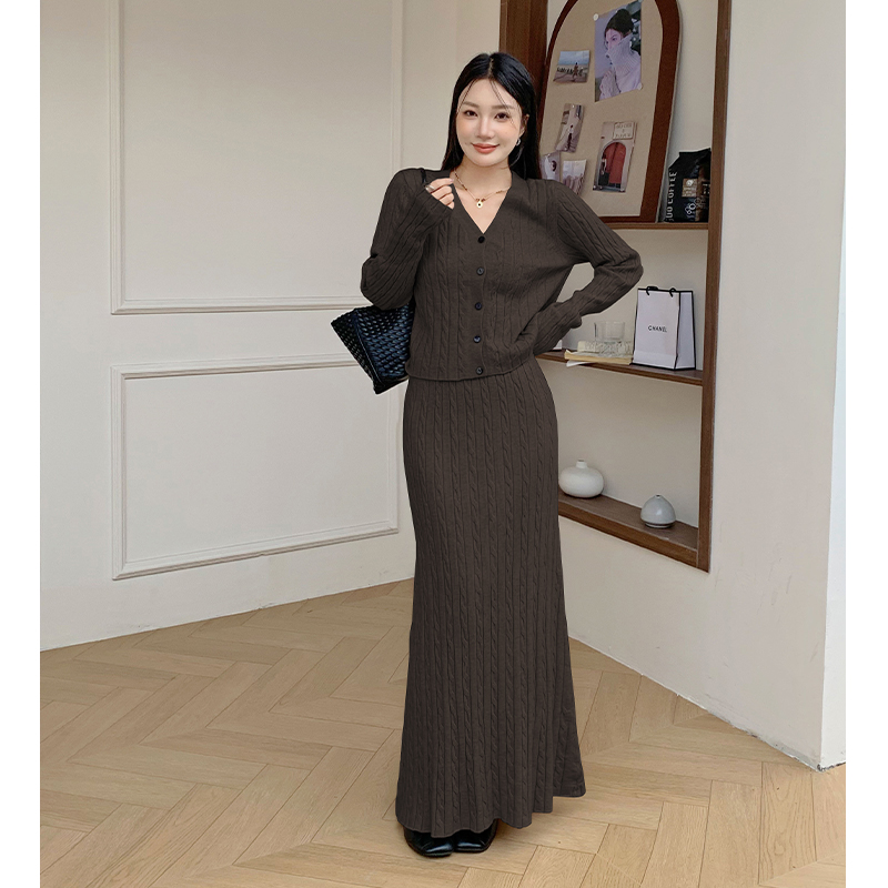 Loose knitted cardigan twist long skirt 2pcs set