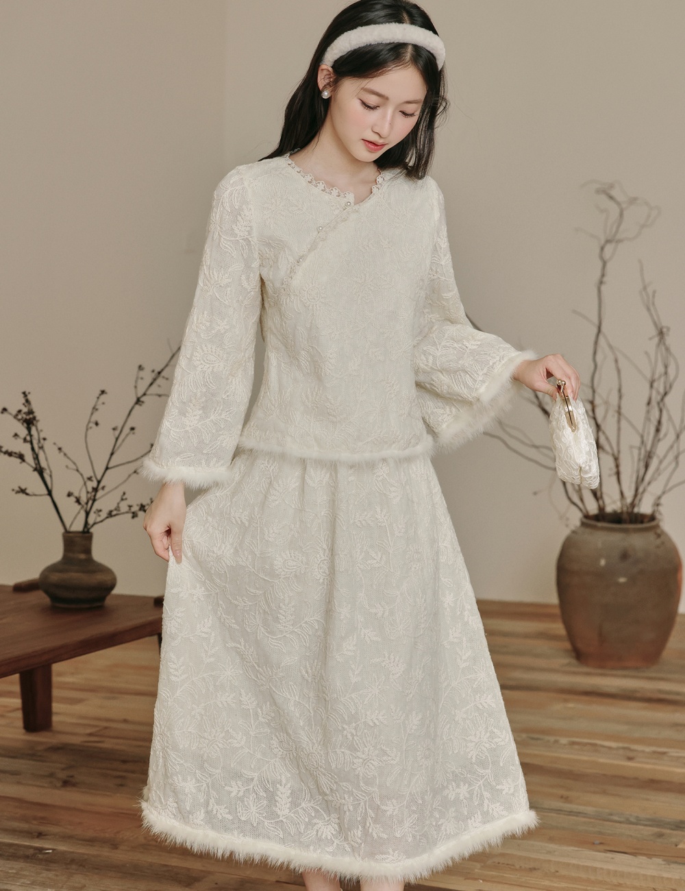 Chinese style short skirt embroidered tops 2pcs set