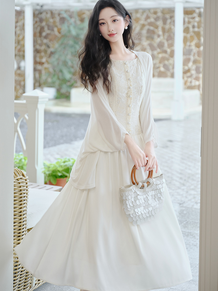 Temperament embroidery shawl durian vacation dress 2pcs set