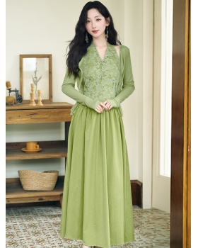 V-neck long dress pinched waist shawl 2pcs set