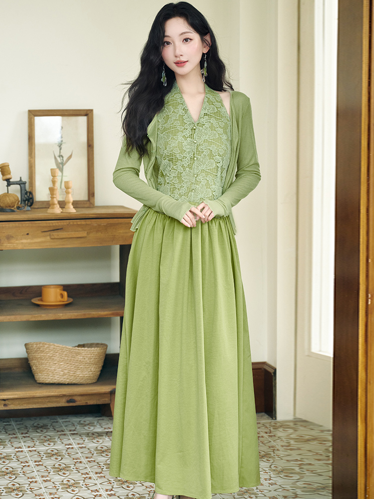 V-neck long dress pinched waist shawl 2pcs set
