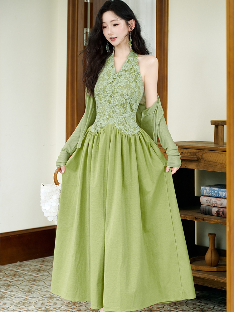 V-neck long dress pinched waist shawl 2pcs set