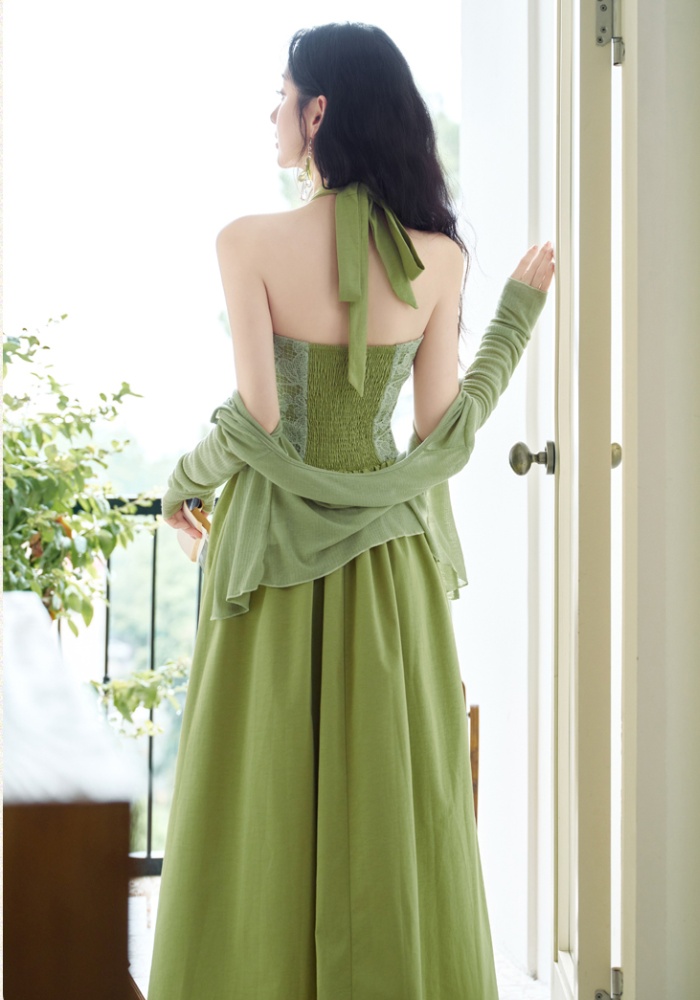 V-neck long dress pinched waist shawl 2pcs set