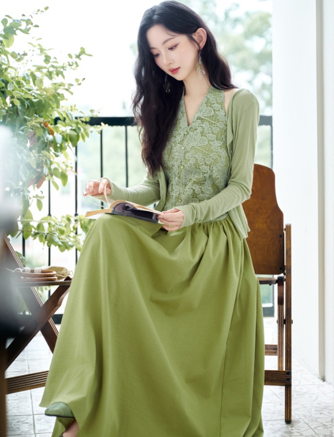 V-neck long dress pinched waist shawl 2pcs set