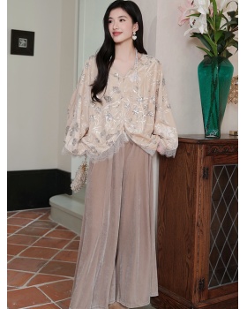 Splice Chinese style casual pants loose winter tops a set