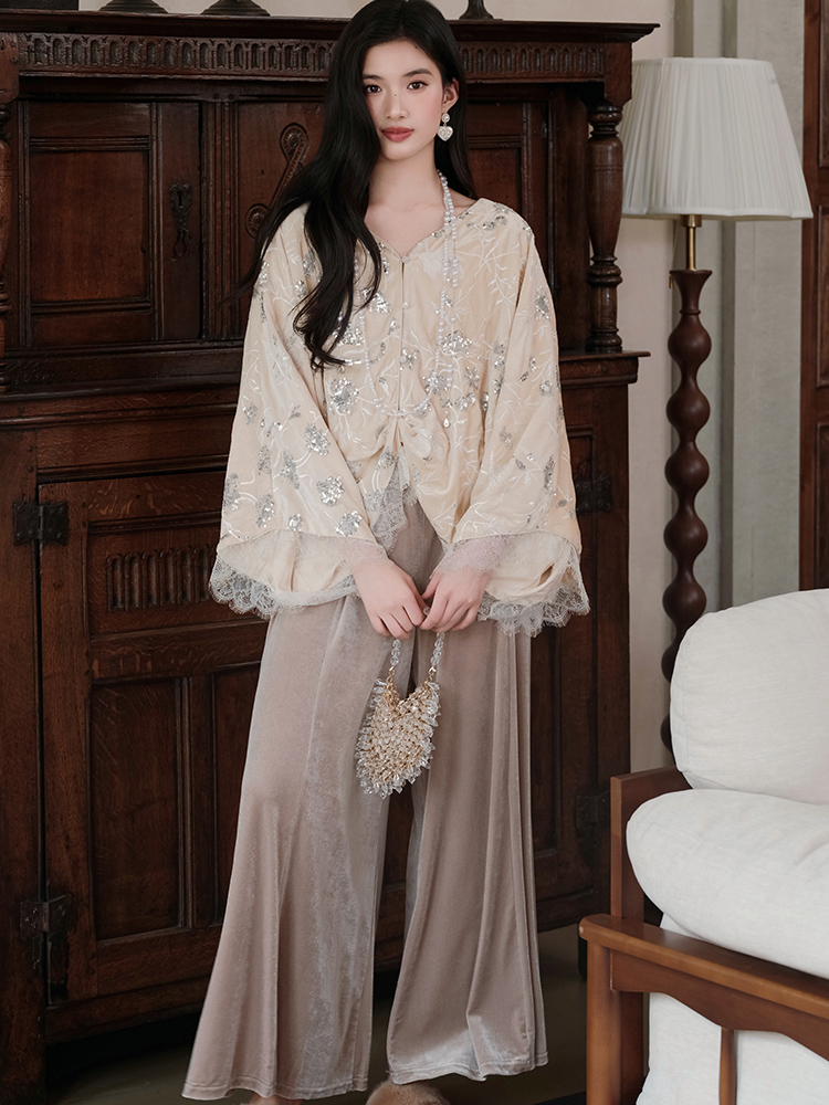 Splice Chinese style casual pants loose winter tops a set