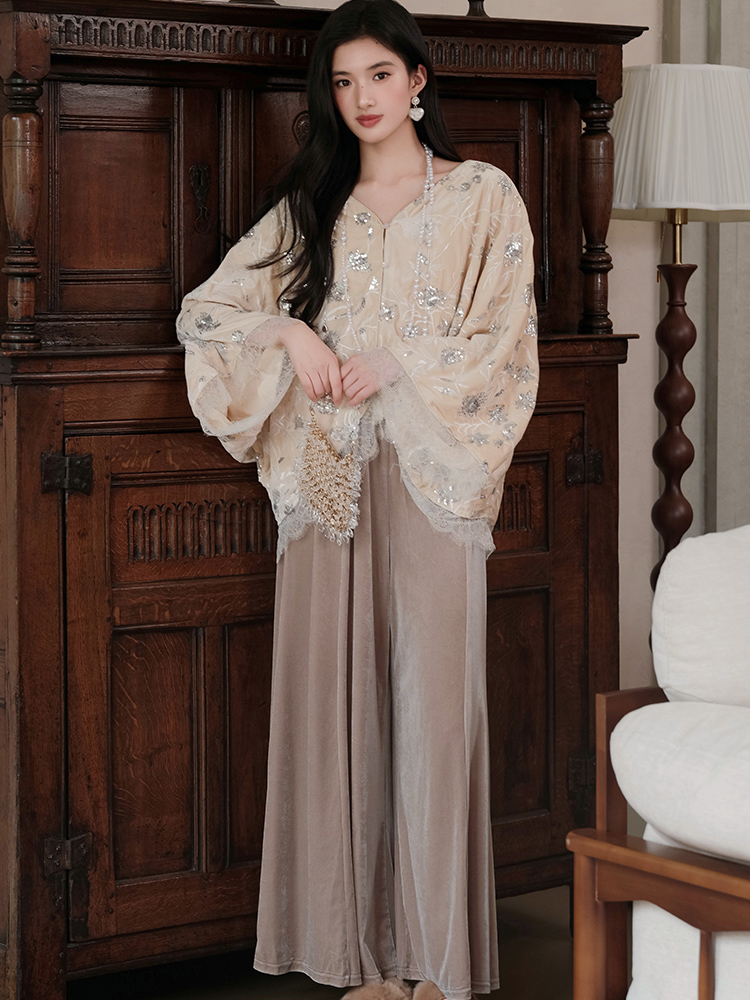 Splice Chinese style casual pants loose winter tops a set
