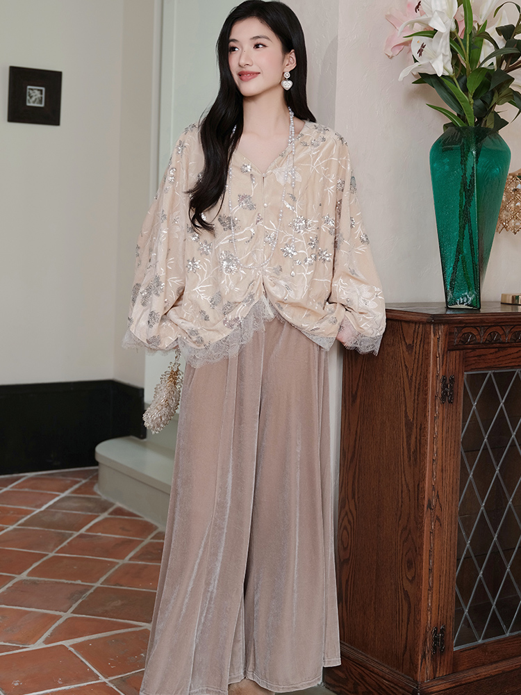 Splice Chinese style casual pants loose winter tops a set