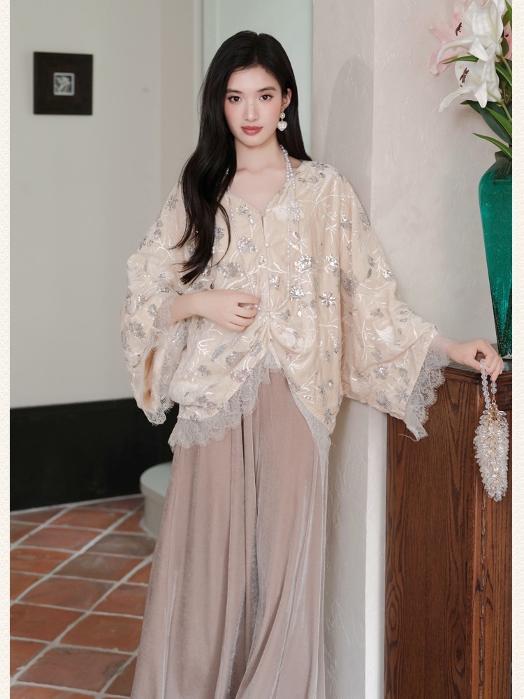 Splice Chinese style casual pants loose winter tops a set