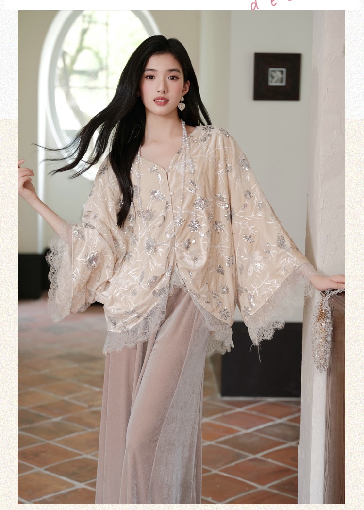 Splice Chinese style casual pants loose winter tops a set