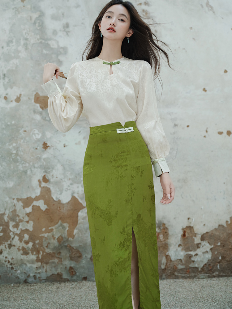 Jacquard retro skirt France style tops 2pcs set for women