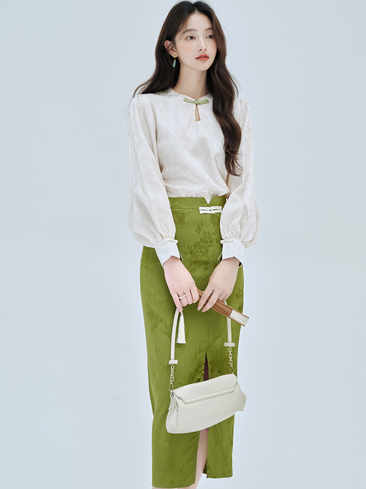 Jacquard retro skirt France style tops 2pcs set for women