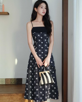 Floral sling navy-blue niche elegant pinched waist dress