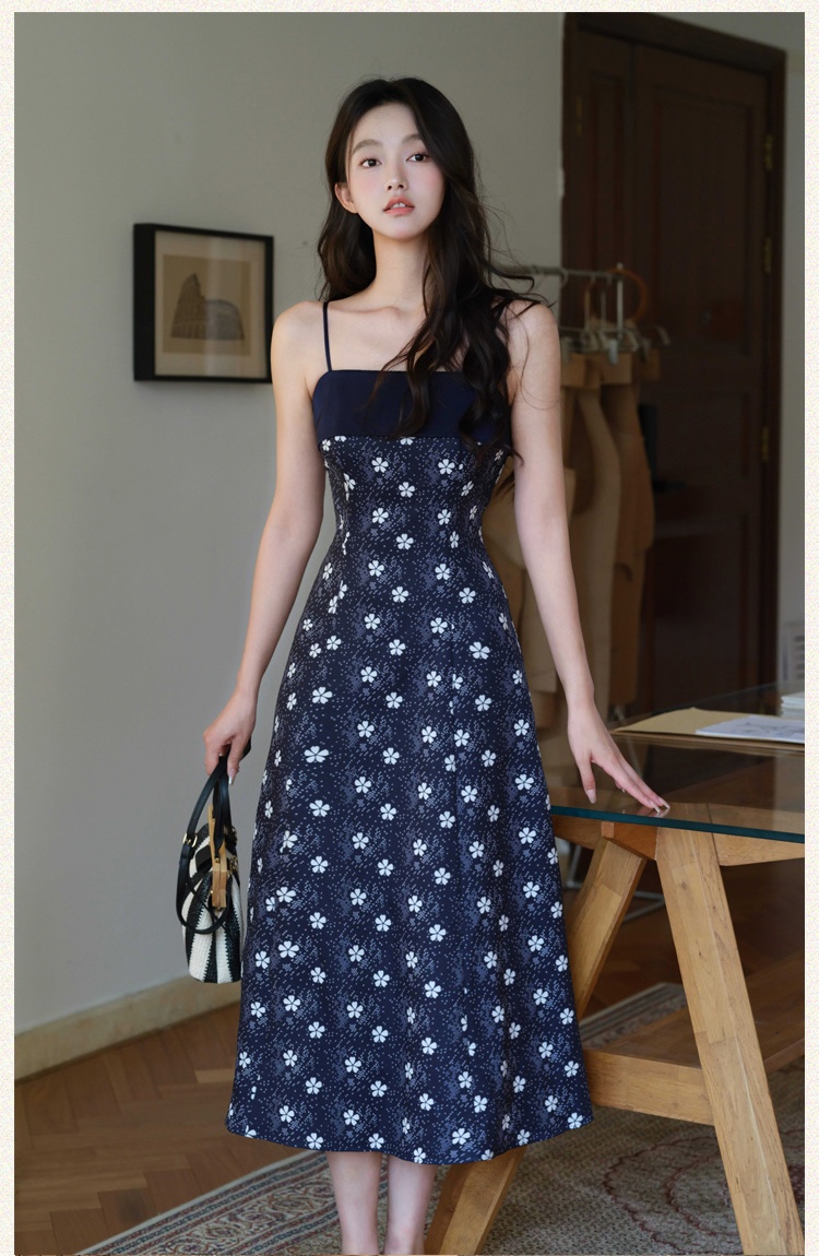 Floral sling navy-blue niche elegant pinched waist dress