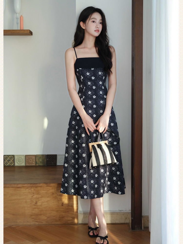 Floral sling navy-blue niche elegant pinched waist dress