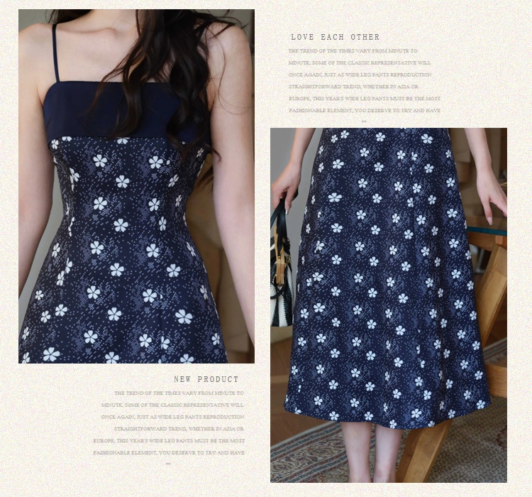 Floral sling navy-blue niche elegant pinched waist dress