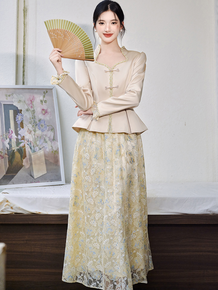 Autumn tops temperament short skirt 2pcs set for women