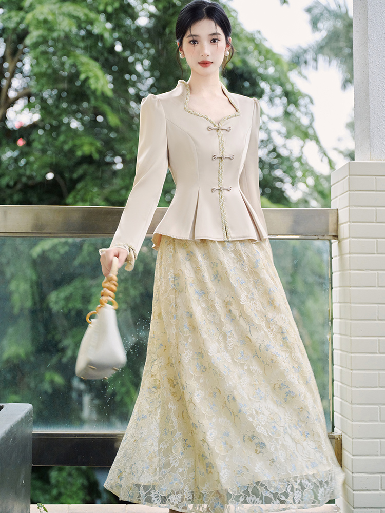 Autumn tops temperament short skirt 2pcs set for women