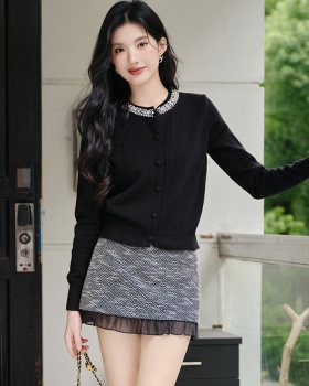 Autumn high waist tops chanelstyle slim short skirt 2pcs set