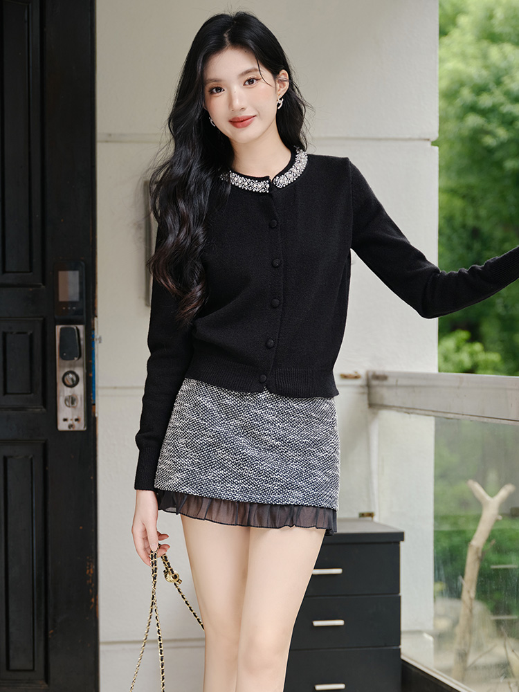 Autumn high waist tops chanelstyle slim short skirt 2pcs set