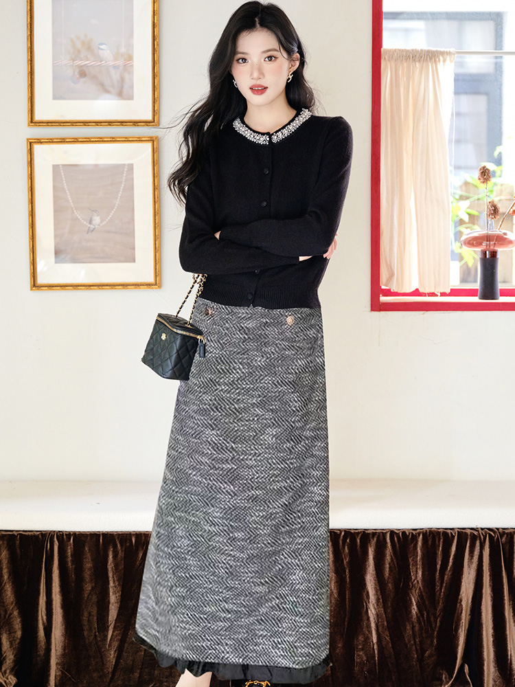 High waist long skirt knitted tops 2pcs set for women