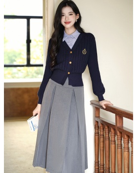 Pseudo-two long skirt autumn cardigan 2pcs set for women