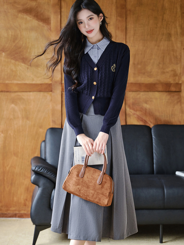 Pseudo-two long skirt autumn cardigan 2pcs set for women