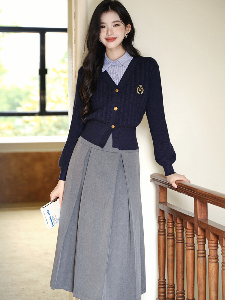 Pseudo-two long skirt autumn cardigan 2pcs set for women